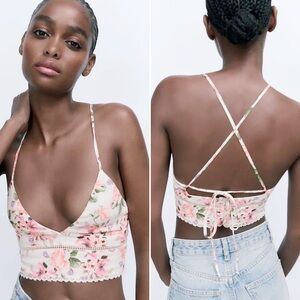 Zara Pink & White Floral Crop Top | Size M